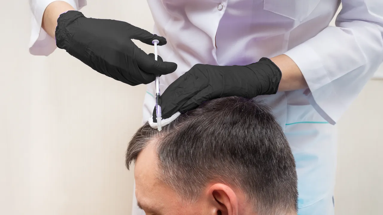 Injection treatment on a man’s scalp